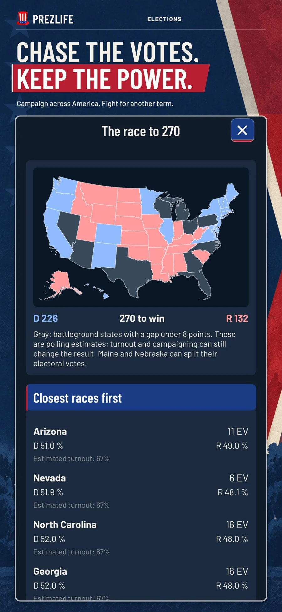 PrezLife US election map with electoral vote estimates and battleground states