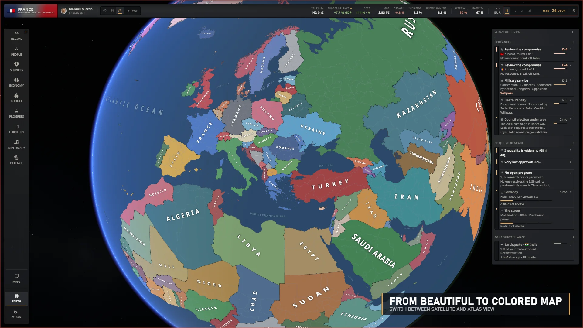 Colored strategic map of Europe, North Africa and the Middle East on the 3D globe