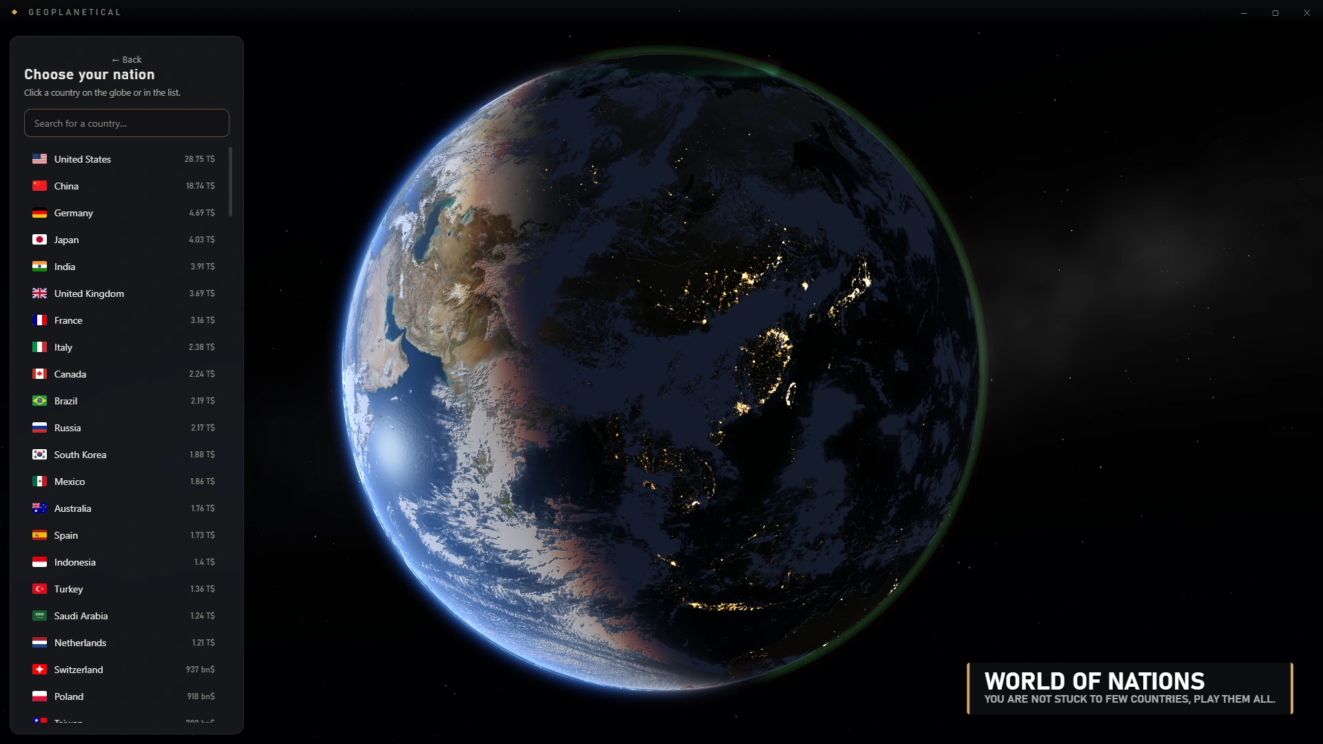 A living 3D globe with a nation-selection panel listing the countries of the world