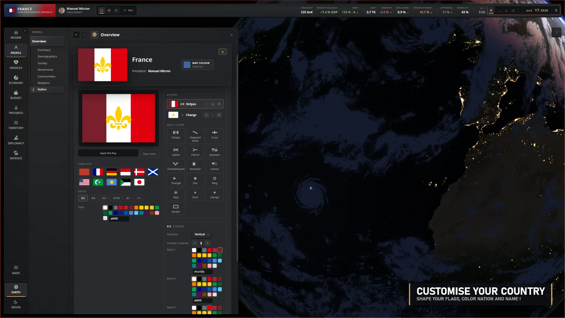 Country customization screen editing France's name, flag and colors
