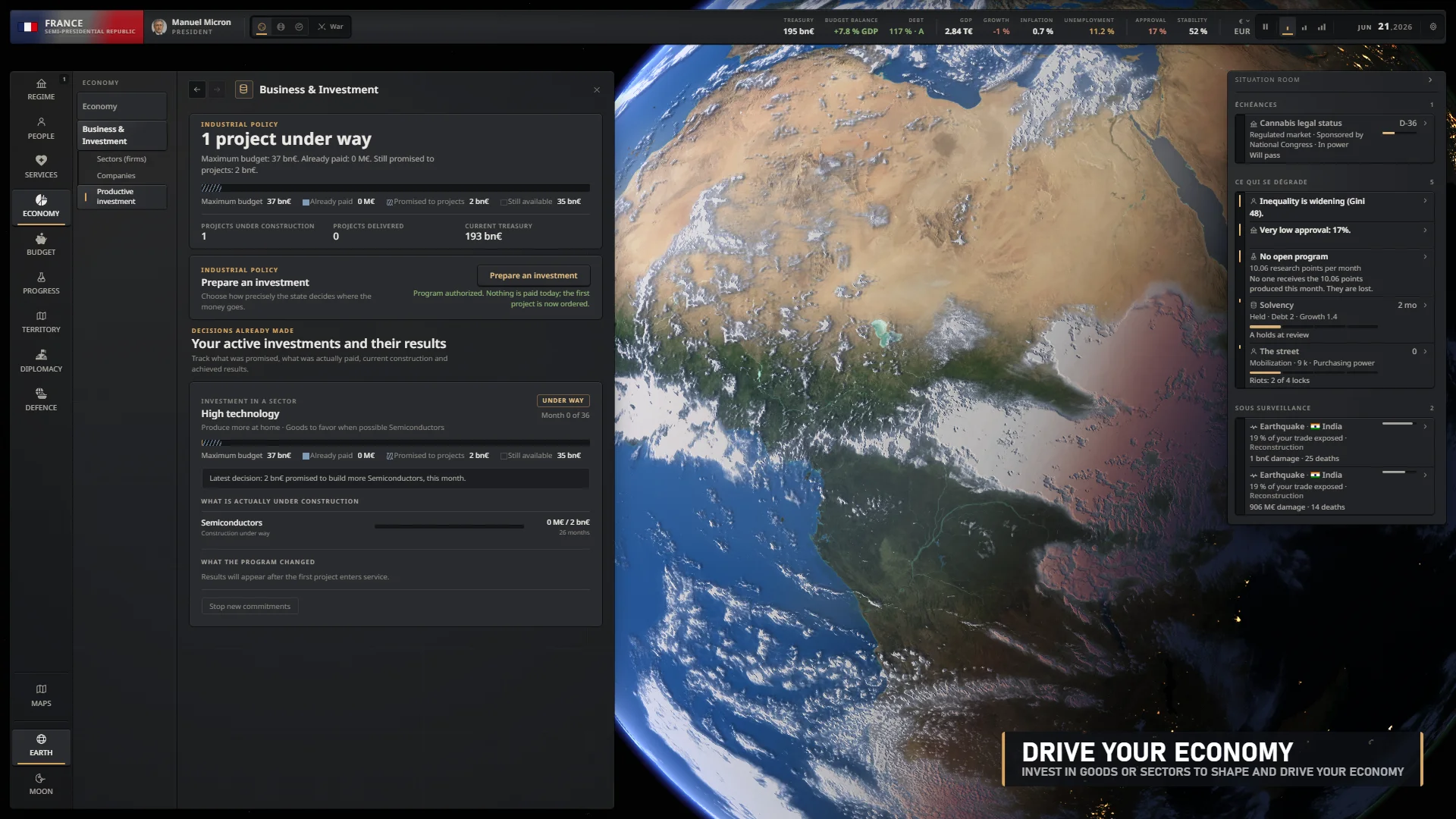 Economic investment project dashboard over the living 3D globe