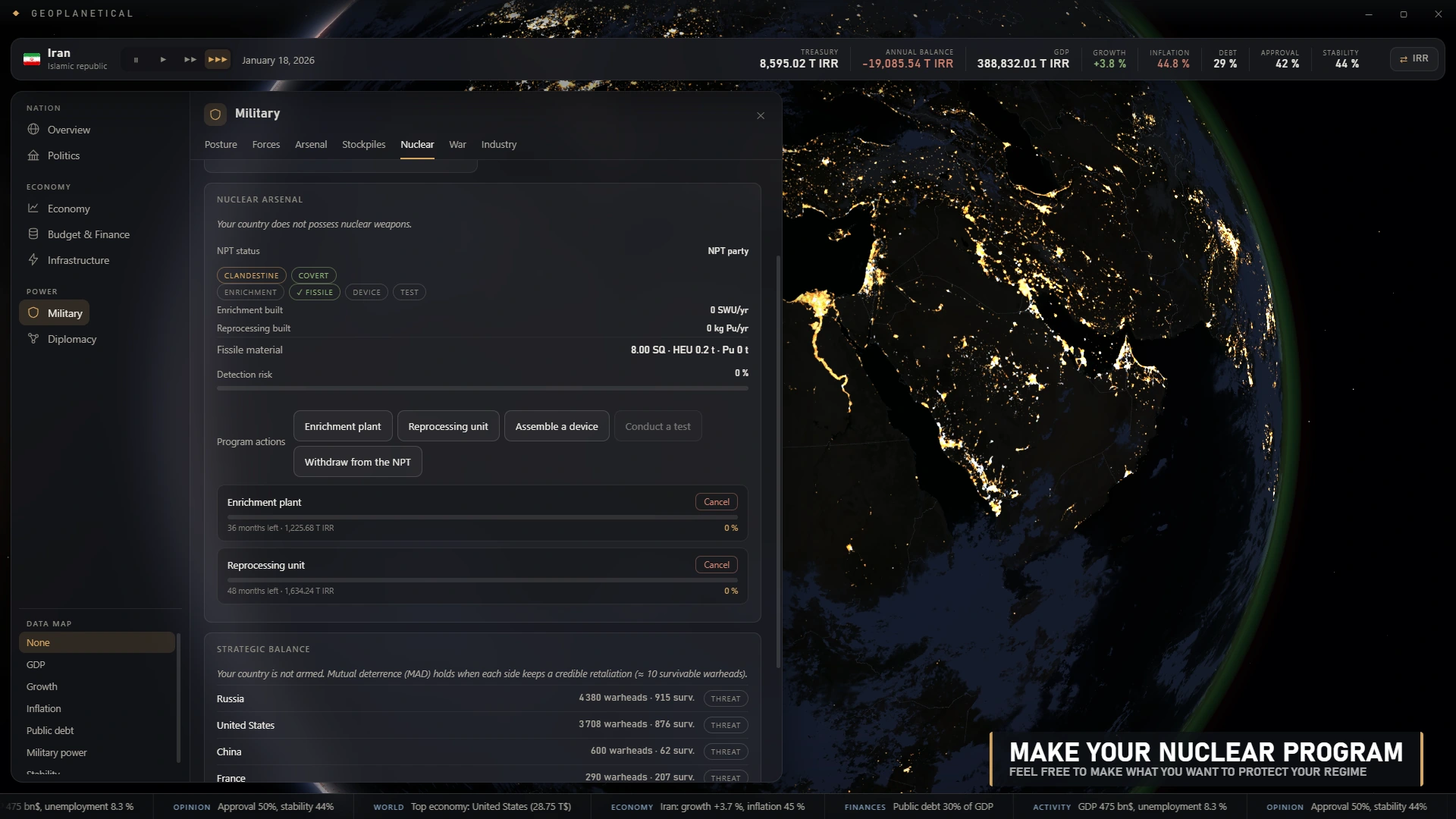 Nuclear program management interface over the night side of Earth