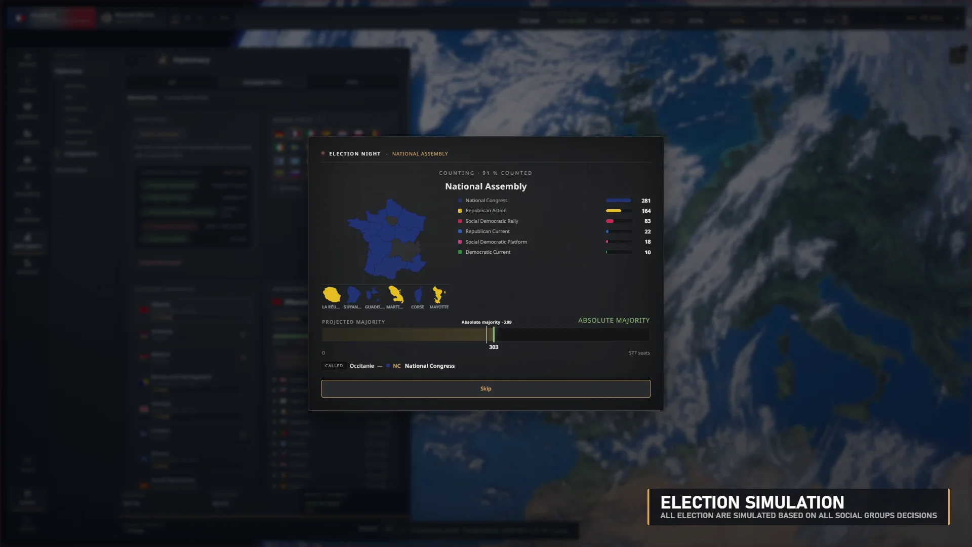 National Assembly election simulation with parties, seat projections and majority controls