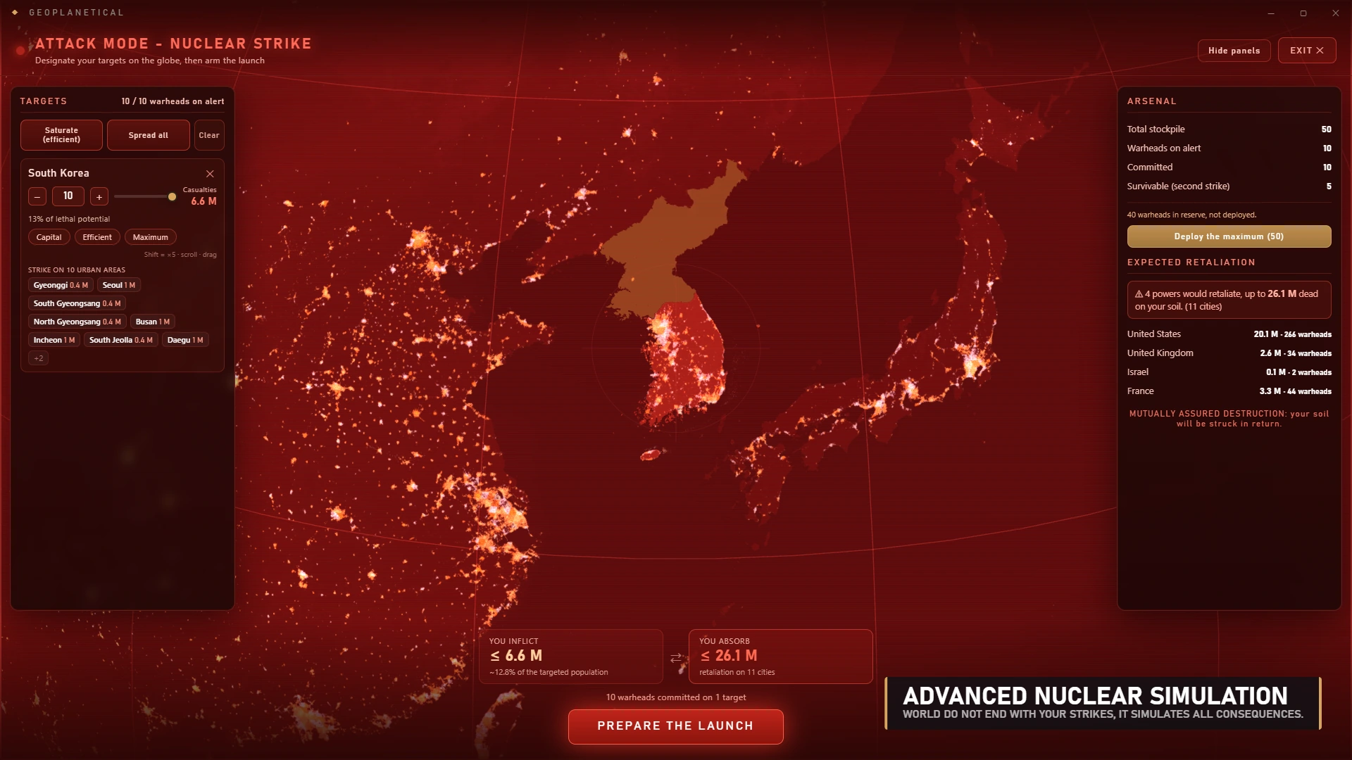 Red attack-mode strike planning interface over East Asia
