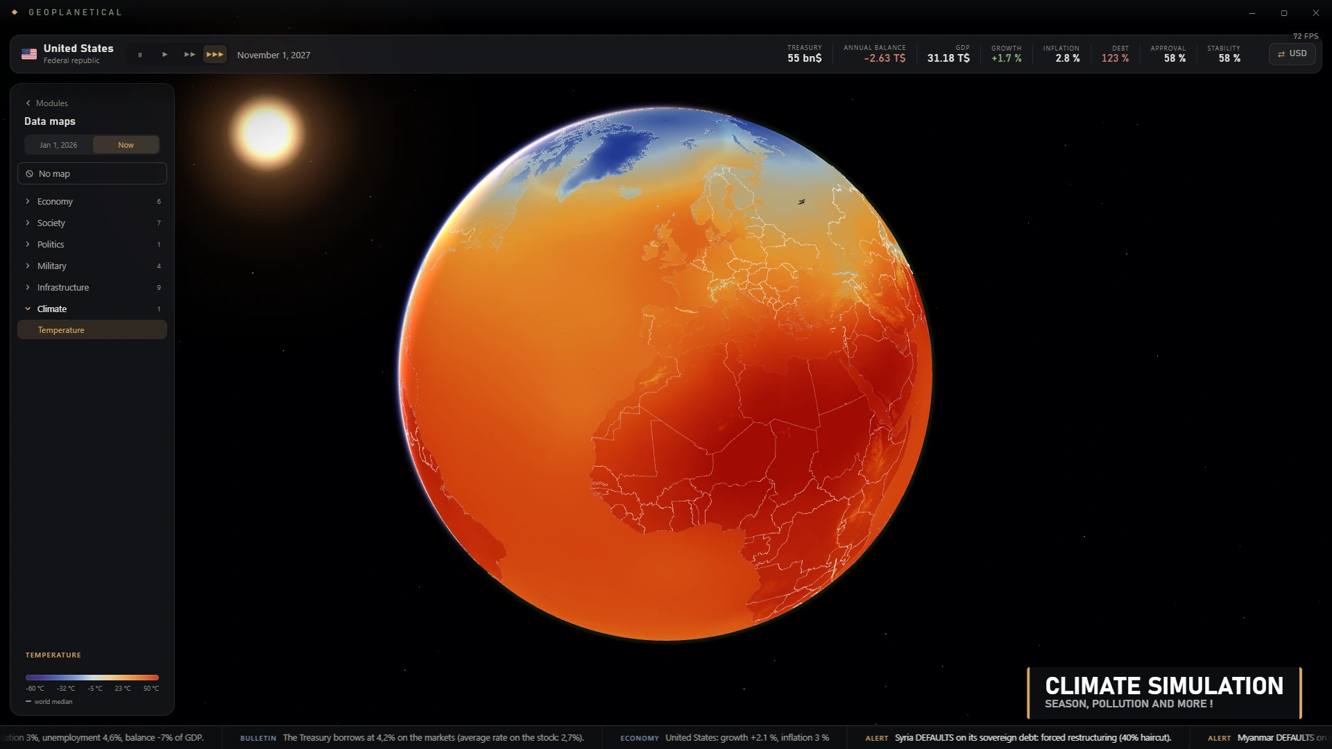 Climate heatmap rendered across the surface of the globe