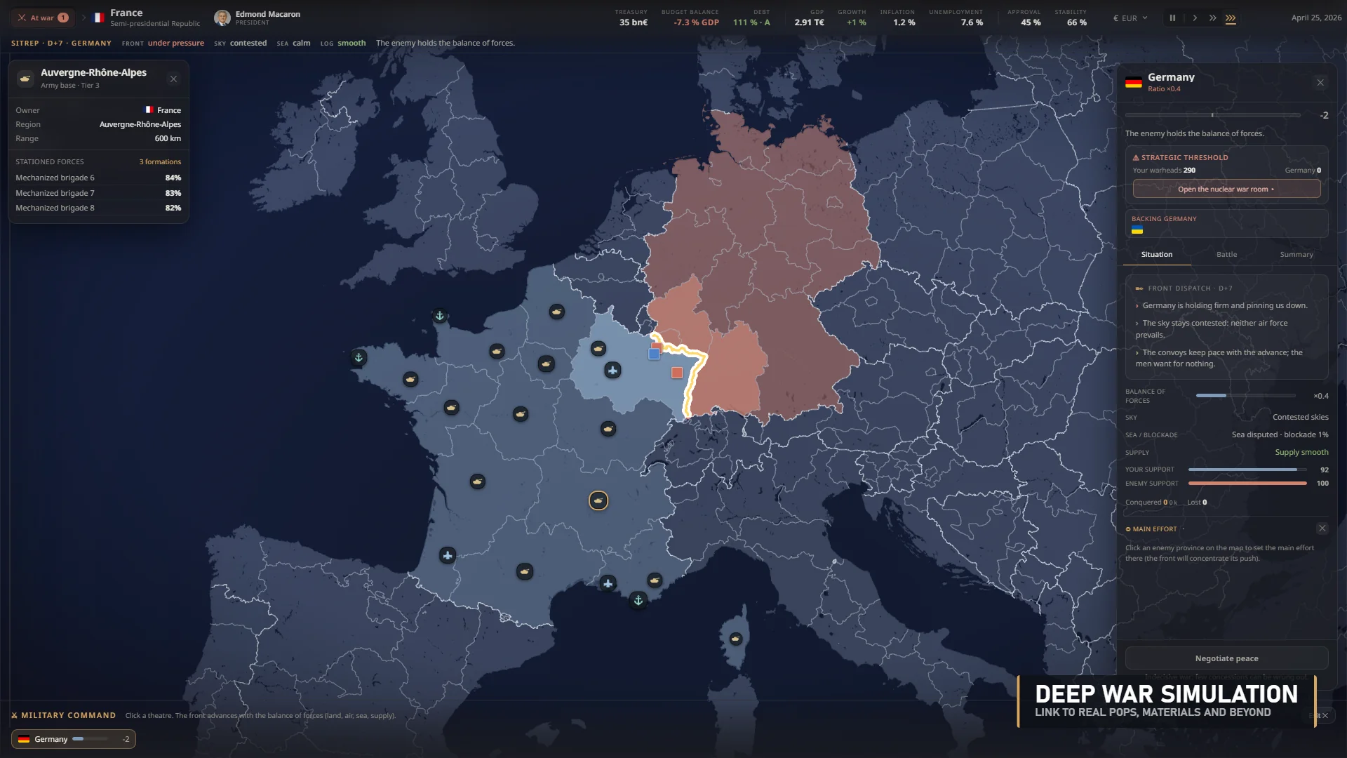 Military command map of a European front with army bases, brigades and a battle situation panel