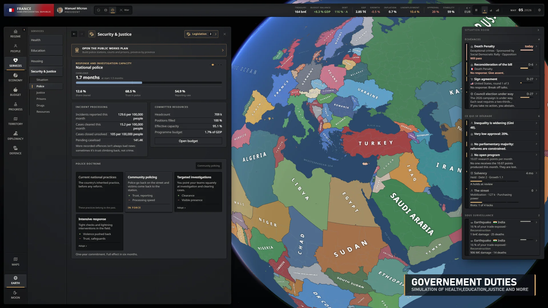 Security and justice dashboard showing police capacity, public services and doctrine