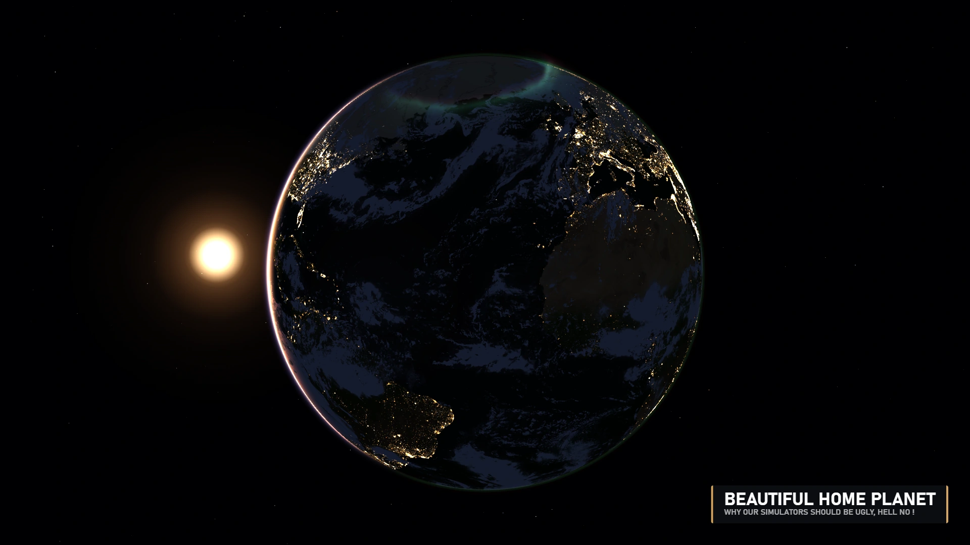 The Earth at night lit by a rising sun on the horizon