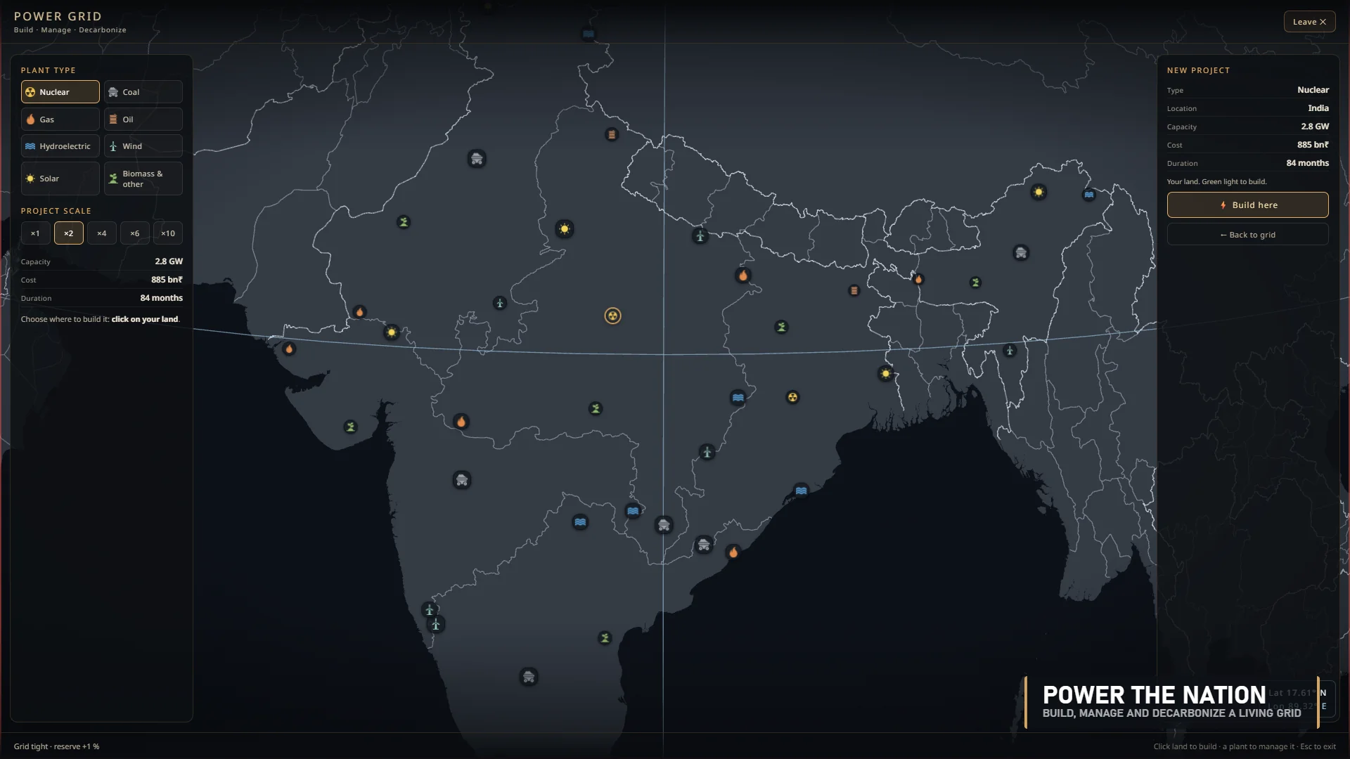 Power-grid map of India placing a nuclear plant, with plant-type and project-scale controls