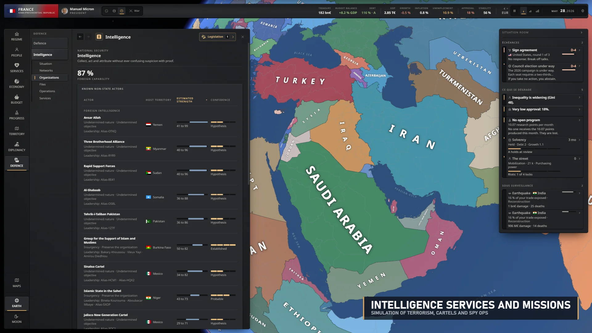Intelligence service dashboard listing foreign organisations, capabilities and missions