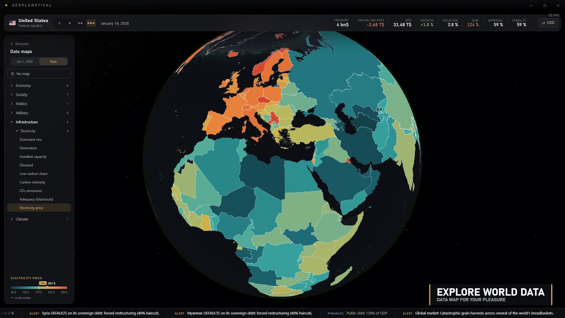 Choropleth data map rendered over the globe