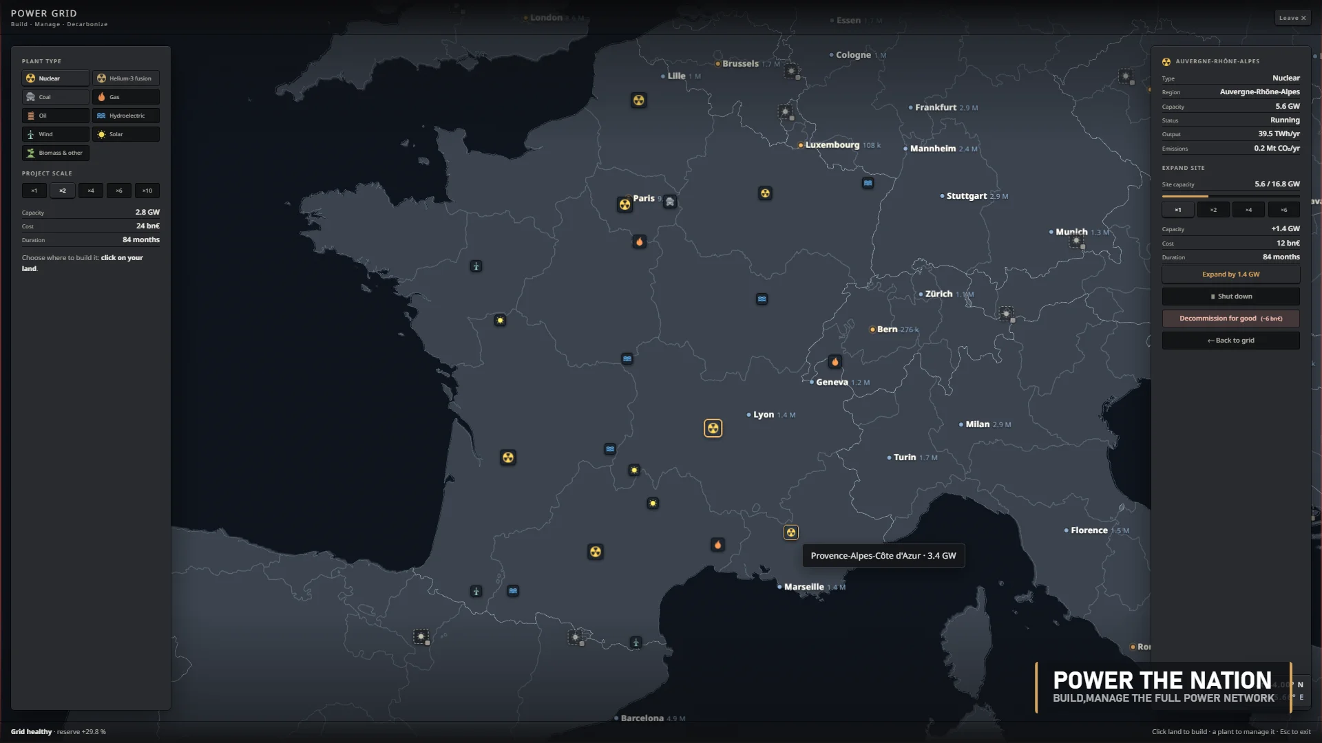 Power-grid construction map showing plants and regional electricity infrastructure