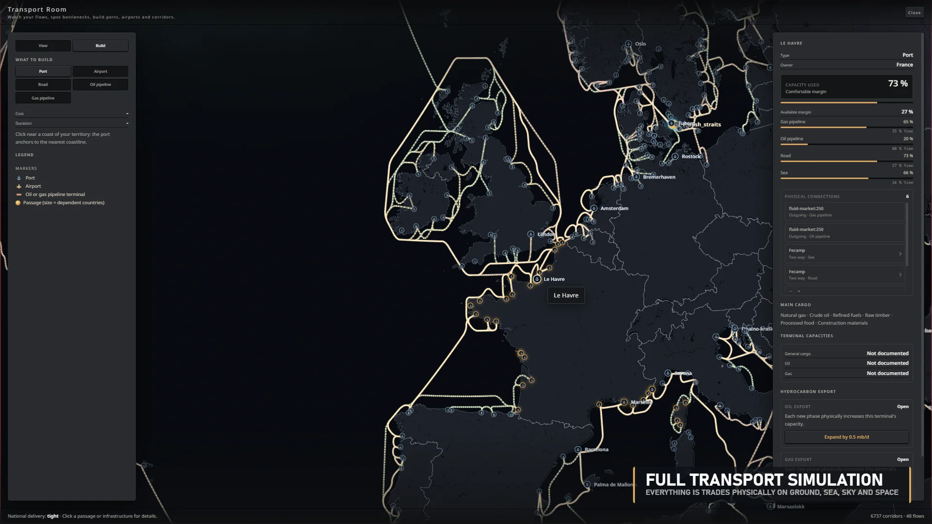Transport-room map showing ports, pipelines and trade corridors across Europe