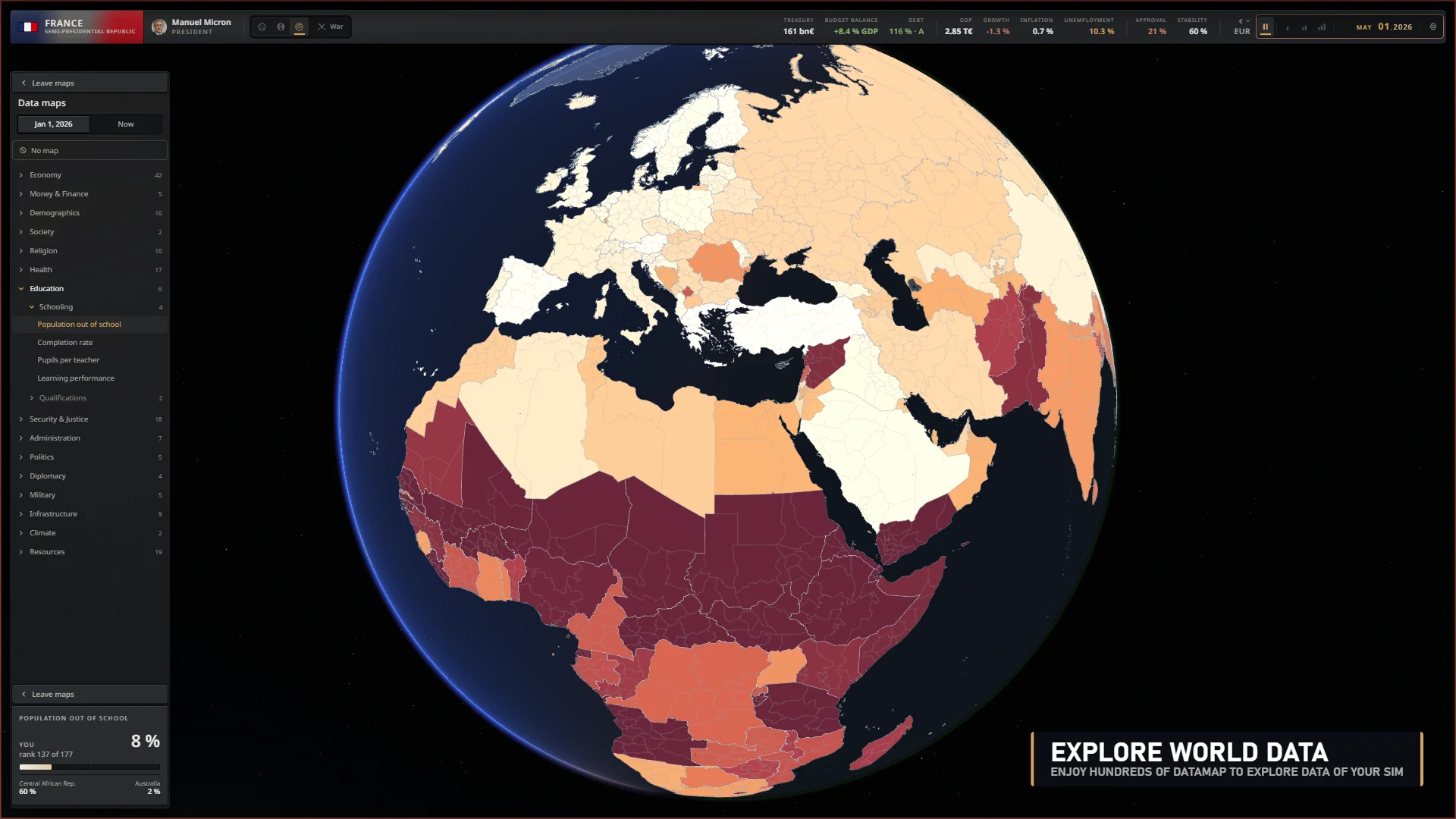 Global data map showing a choropleth indicator across Europe, Africa and Asia