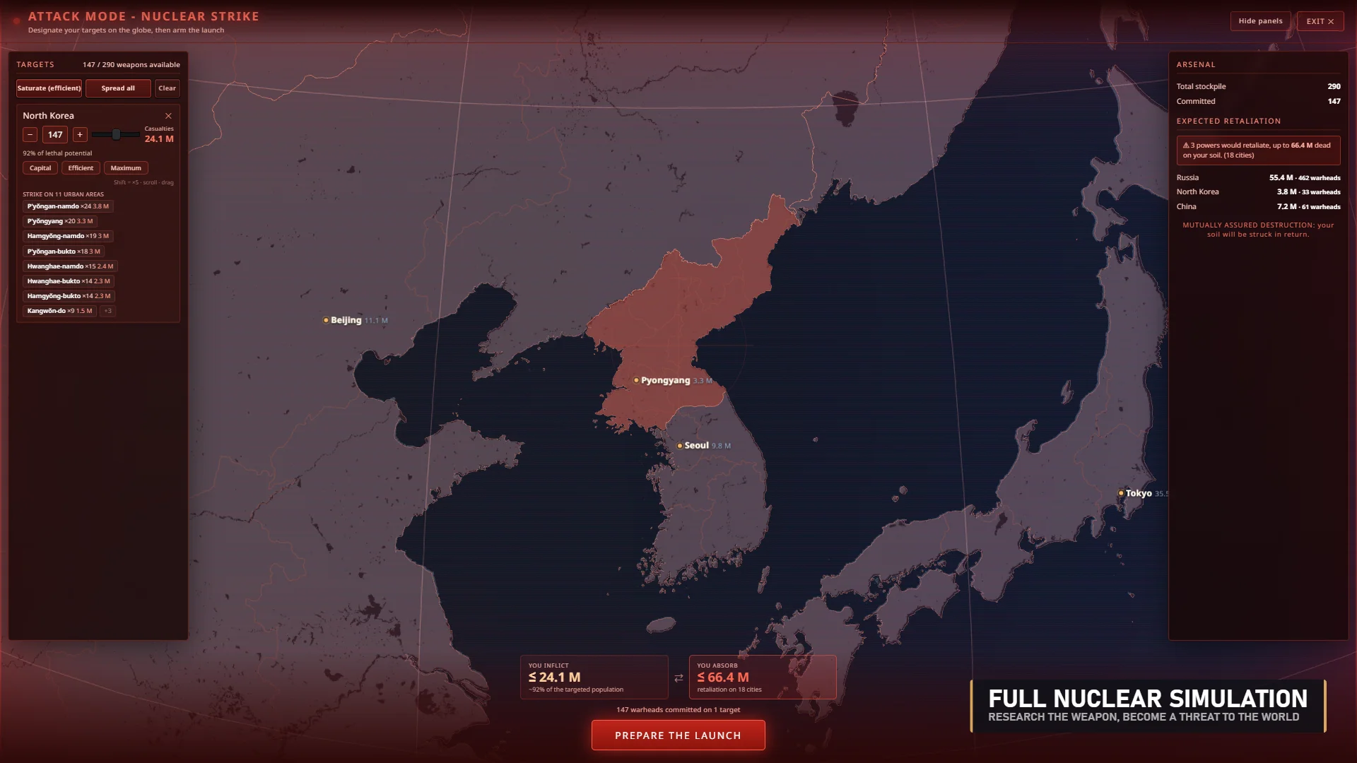 Nuclear strike planning screen showing targets and expected retaliation in East Asia