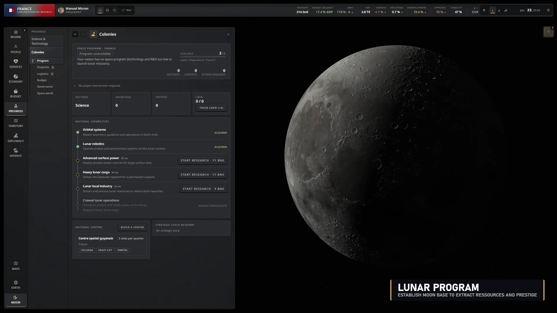 Lunar program dashboard beside a detailed view of the Moon